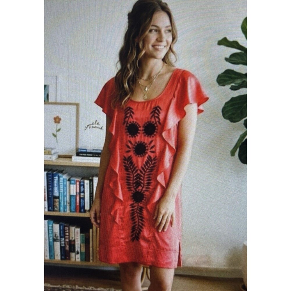 Uncle Frank Embroidered Shift Dress Red Ruffled Womens Size L Satin Boho
